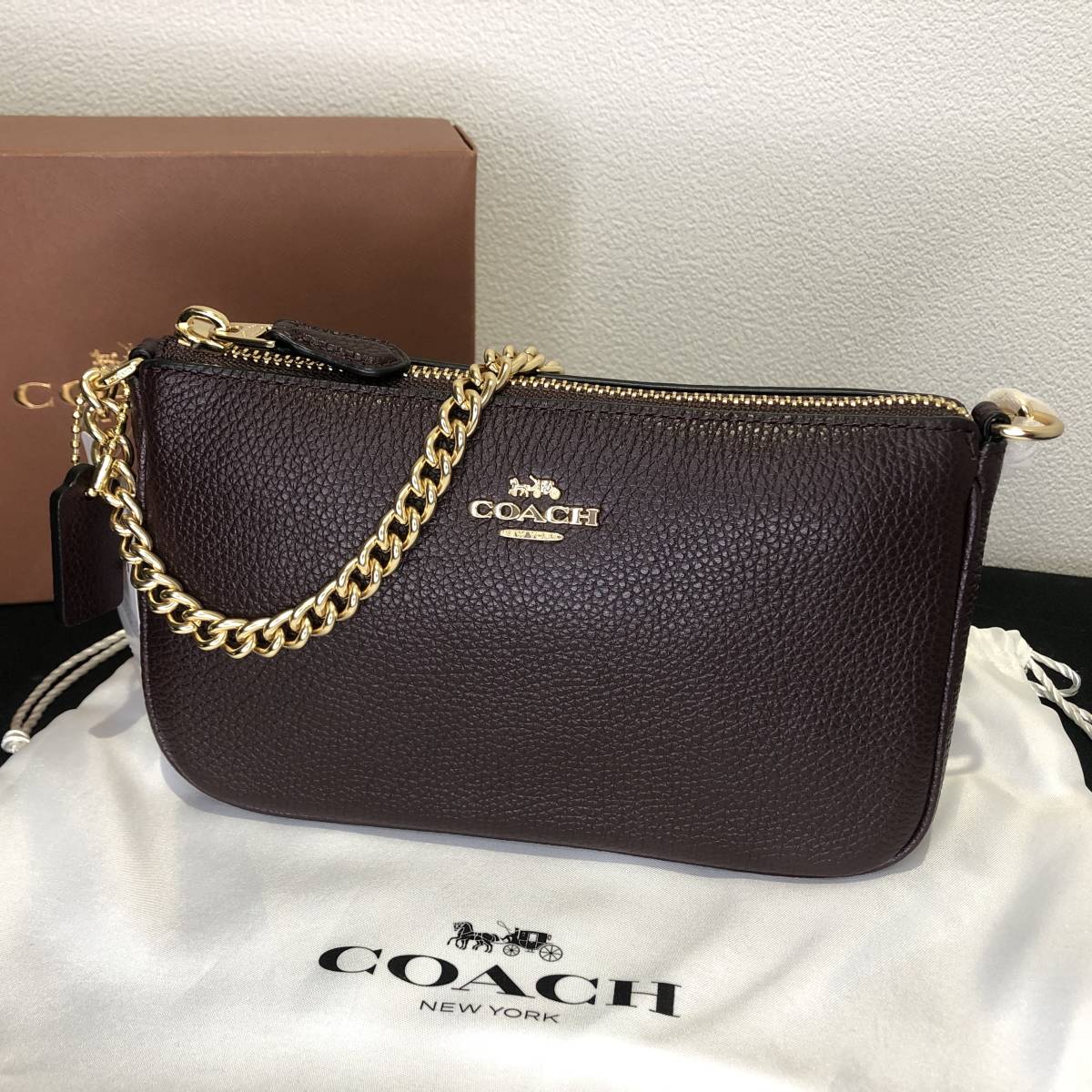 COACH/コーチ Nolita 19 With Chain/ノリータ 19 ペブルドレザー ショルダーバッグ クラッチバッグ ブラウン / 2way リストレット チェーン