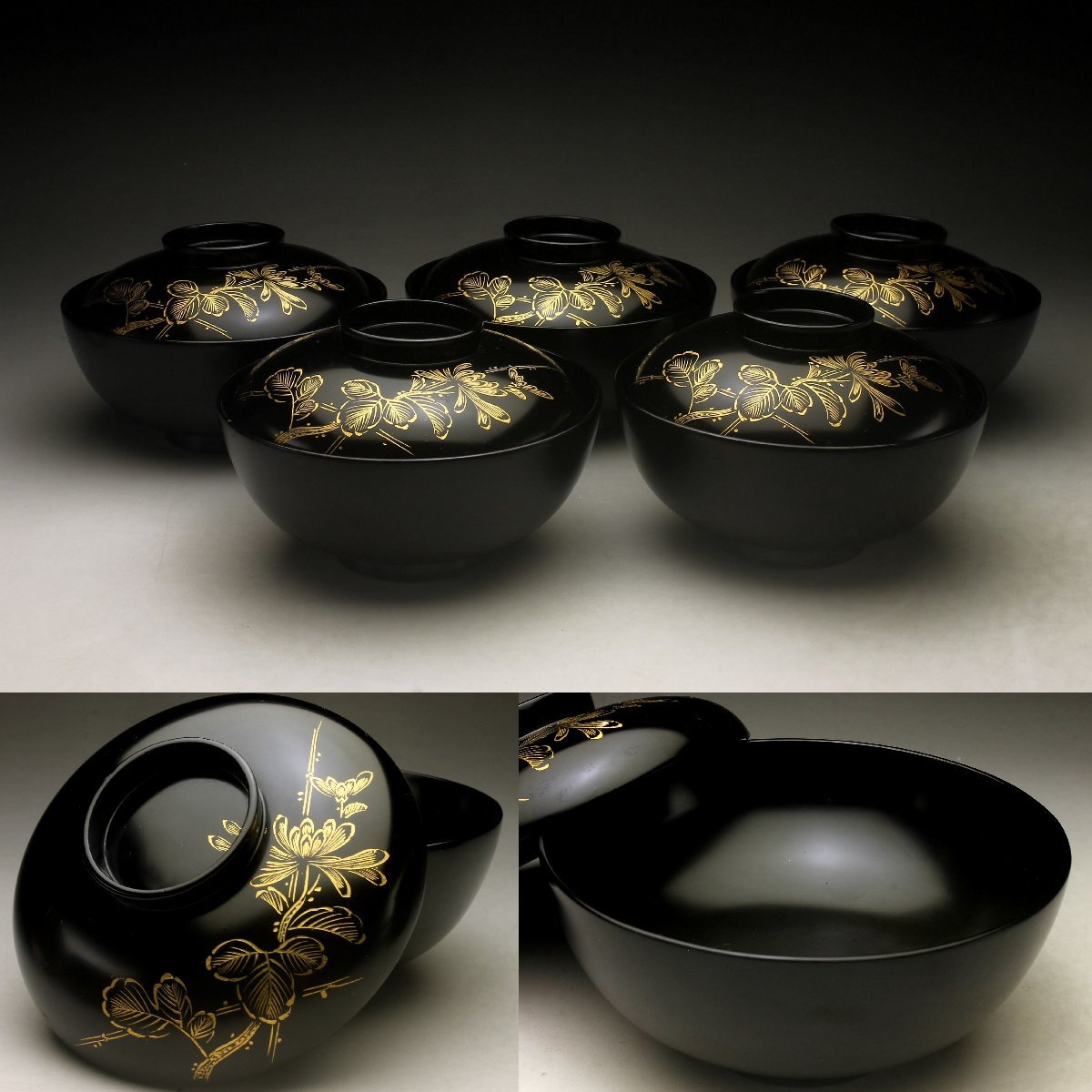 余韻】 天然木製漆塗菊蝶文沈金付吸物椀揃(5客)☆美品懐石道具料亭