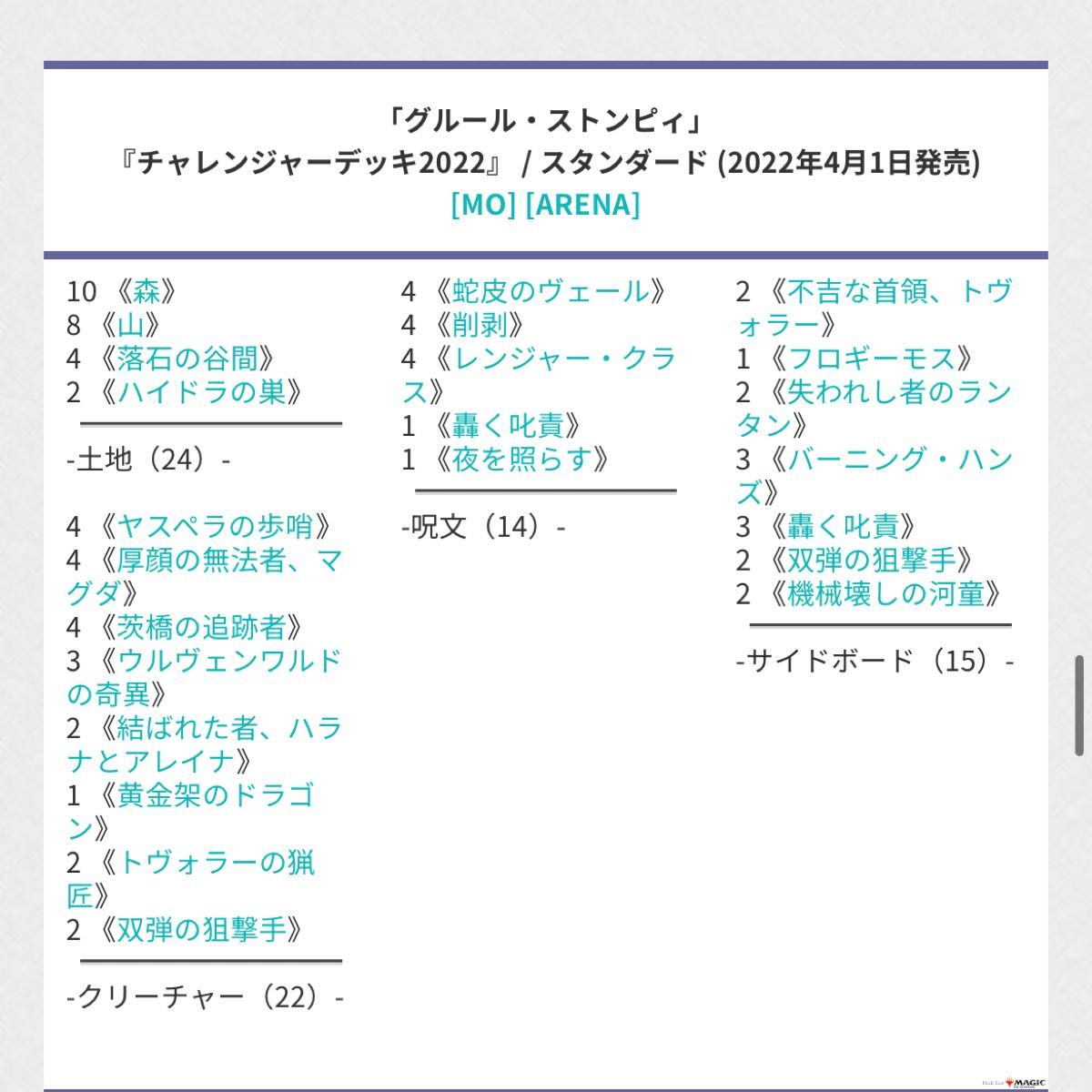 【中身のみ発送】MTG マジック　赤緑　「グルール・ストンピィ」『チャレンジャーデッキ2022』スタンダード  日本語版