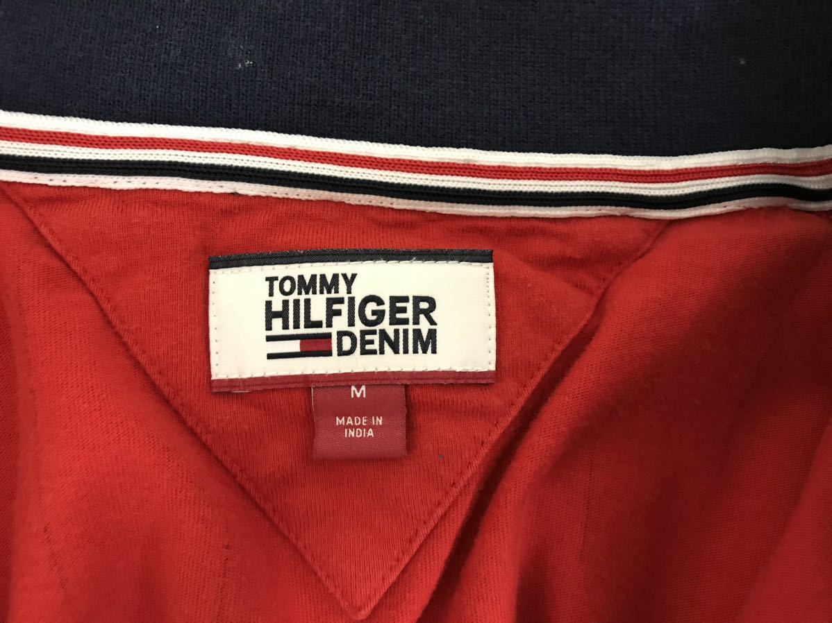 本物トミーヒルフィガーデニムTOMMY HILFIGERコットンハーフジッププリント半袖ポロシャツメンズアメカジサーフミリタリーM赤レッド柄