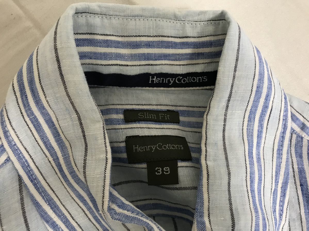 美品本物ヘンリーコットンズHenryCottonsリネン麻ストライプ柄ロゴ刺繍ワークミリタリー半袖シャツメンズサーフアメカジスーツS39青ブルー