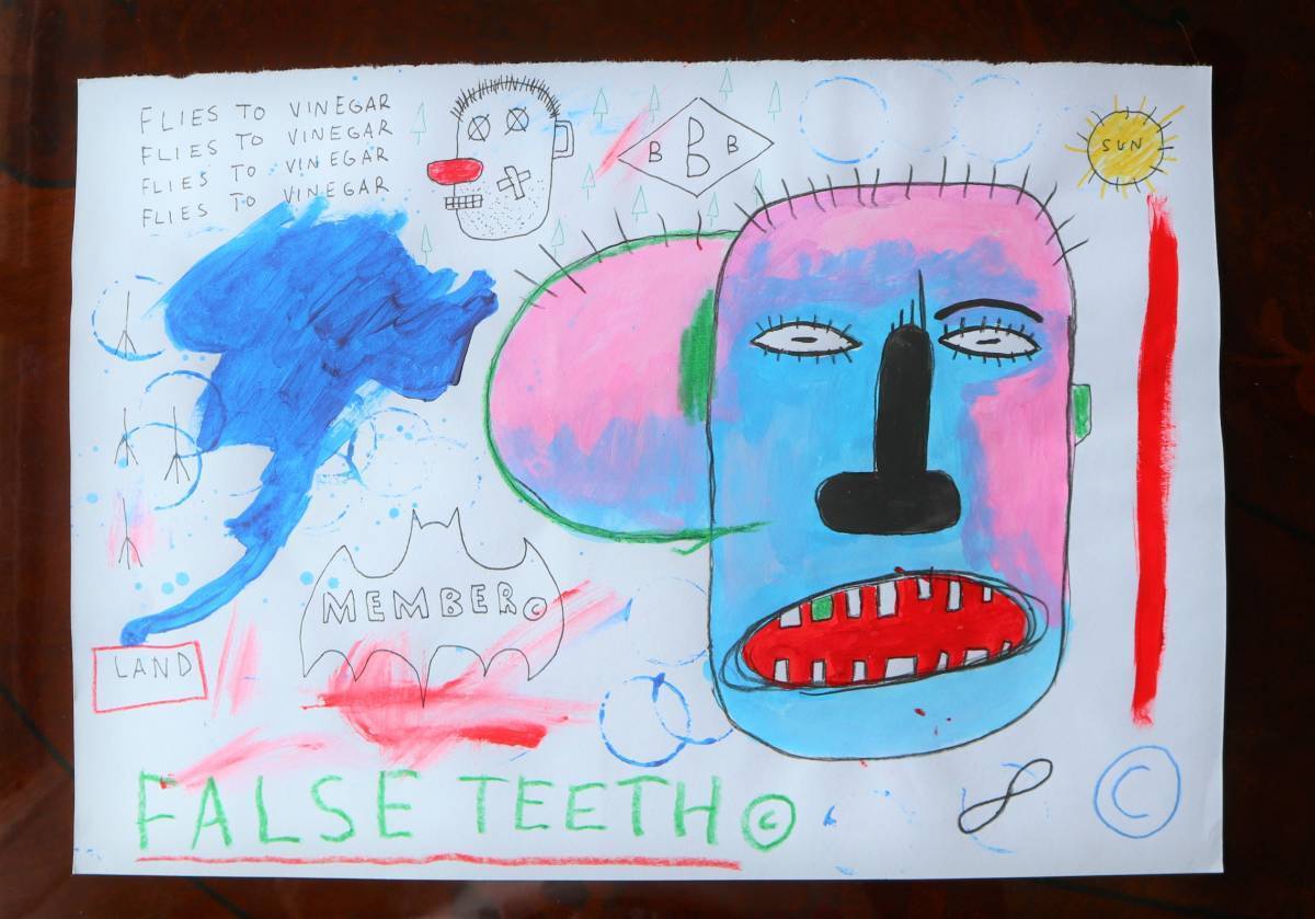 送料無料★ジャン＝ミシェル・バスキア Jean-Michel Basquiat★タイトルFALSE TEETH★販売証明書★混合メディア画★模写_画像1
