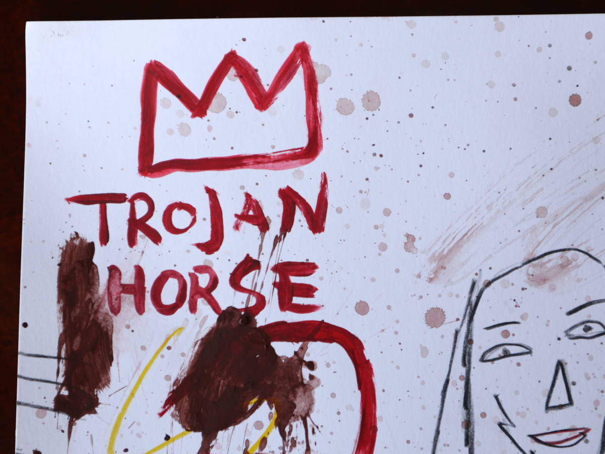 送料無料★ジャン＝ミシェル・バスキア Jean-Michel Basquiat★タイトルTROJAN HORSE(2)★販売証明書★混合メディア画★模写_画像6