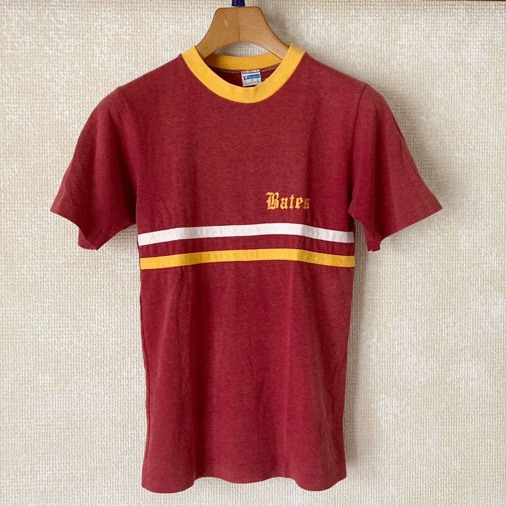 70s USA製 Champion チャンピオン 2本ライン 半袖 トリムtシャツ リンガーtシャツ えんじ エンジ 後期バータグ ビンテージ アメリカ古着