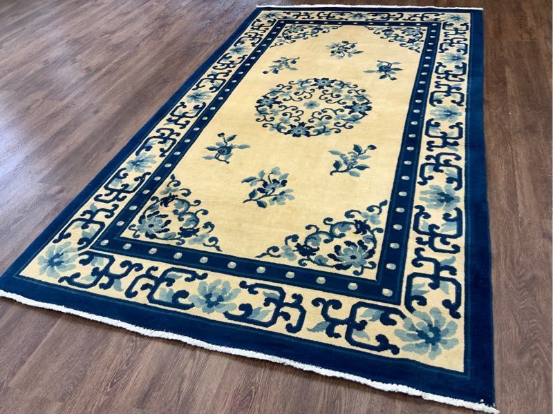 1円スタート☆ブルーベージュ☆大型216×123cm チベット産 絨毯 ラグ