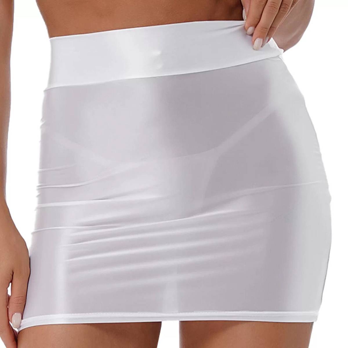 超光沢ショートスカート ドレス ミニスカート ストレッチ レオタードパジャマ 伸縮性 極薄素材 激密着 ホワイトの画像1