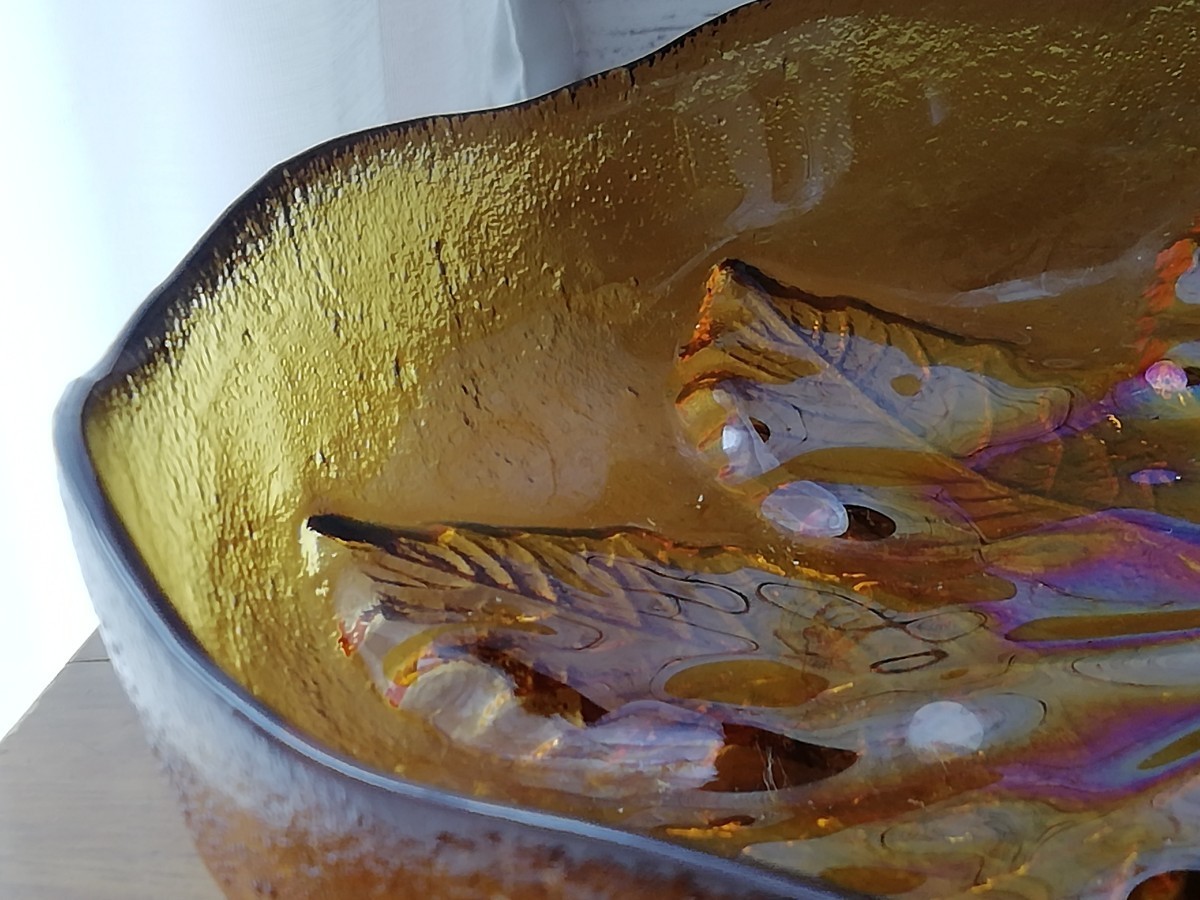 アンバー ガラス 大皿 オーロラ 虹色 昭和レトロ 琥珀色 ラスター antique amber glass platter 送料込み