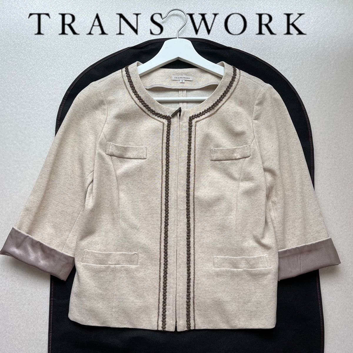 TRANS WORK トランスワーク ノーカラージャケット リネン素材 38 フォーマル