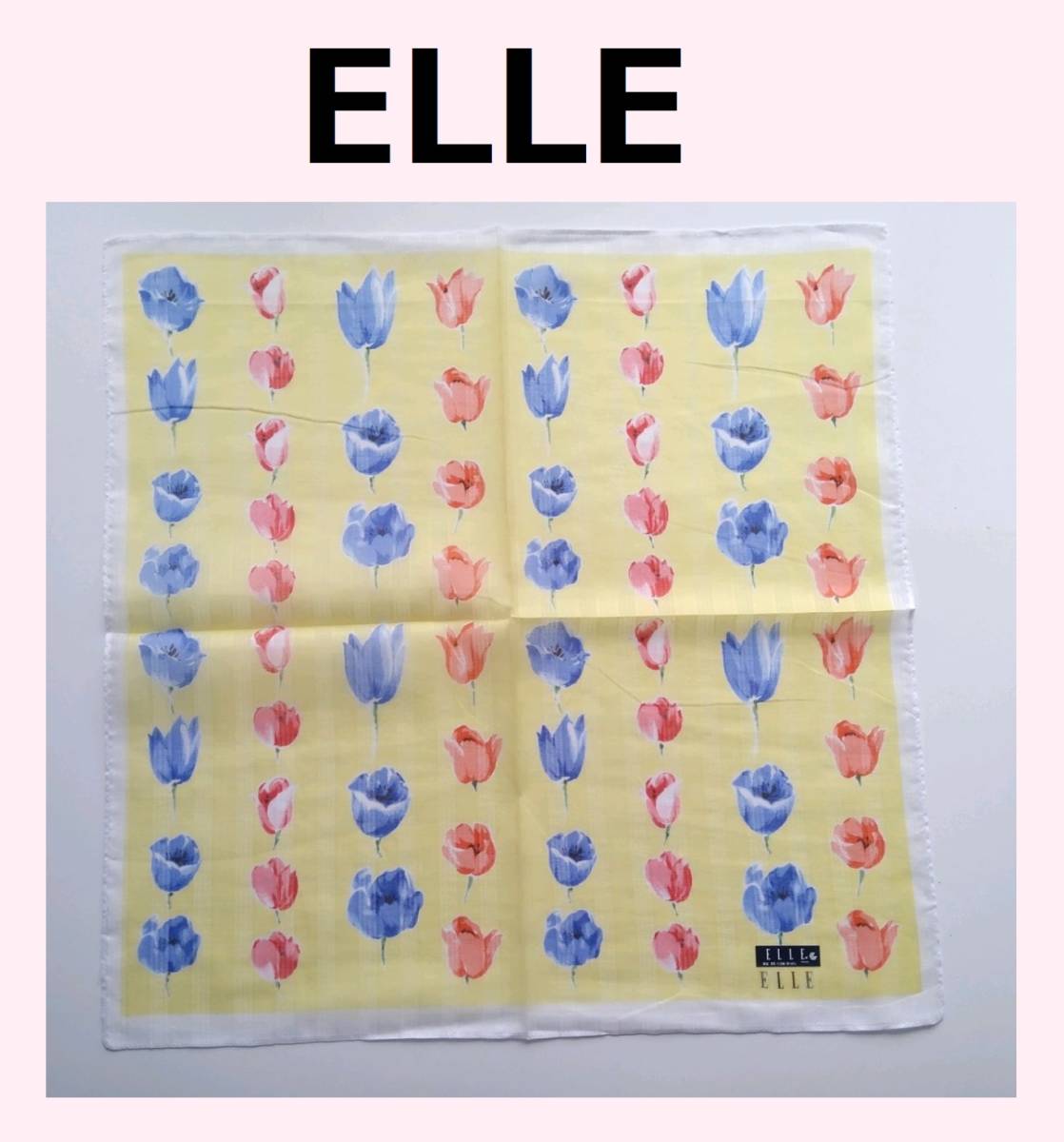 《送込》（K74）【ELLE】ハンカチ　黄色　花柄　綿100％　製造発売：川辺㈱　45×45㎝　個包装なし　長期自宅保管　エル　パリ