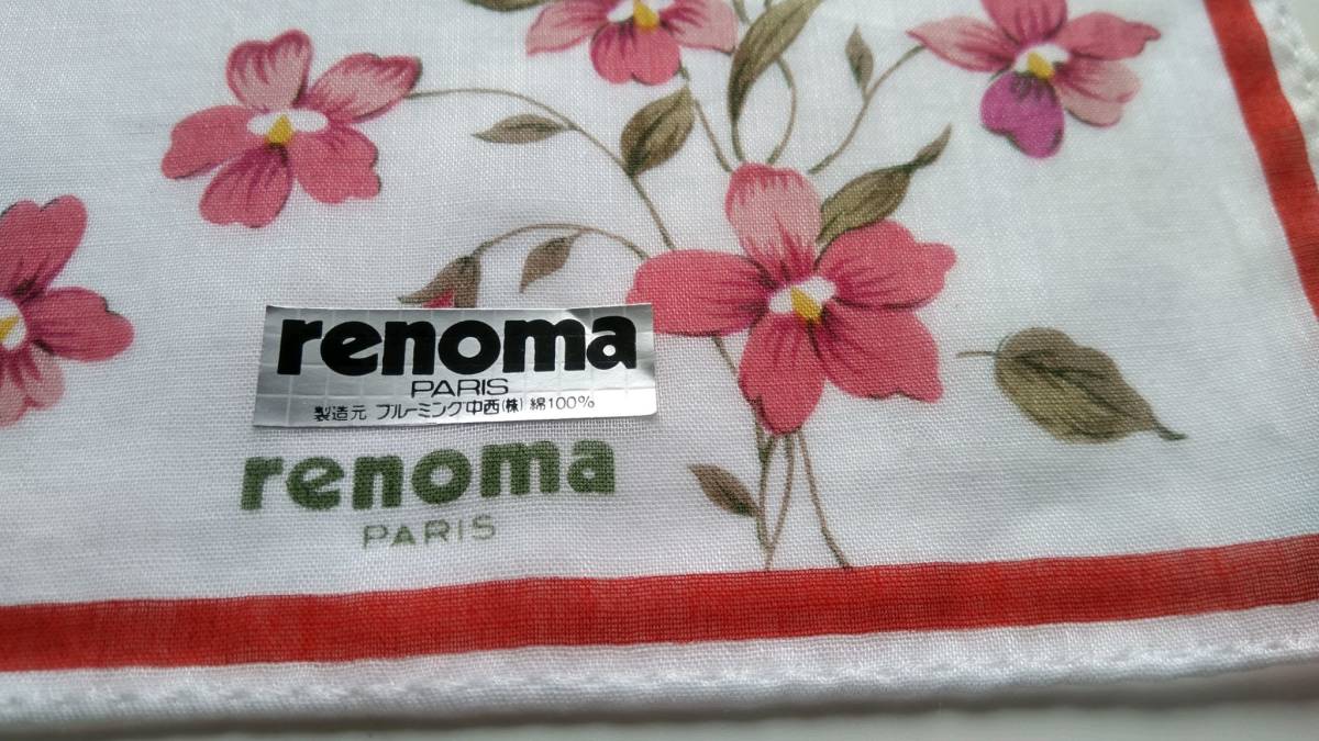《送込》（K78）【renoma（レノマ）】ハンカチ　白地赤花柄　42×42㎝　綿100％　製造元：ブルーミング中西㈱　個包装なし　長期保管 パリ