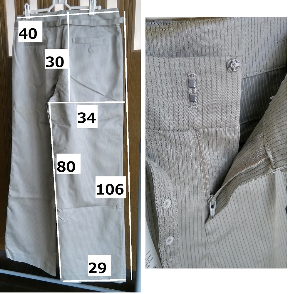 値引↓《送込》(Y4)【JUNIOR(ジュニアー）】3点セット（ジャケット・ブラウス・パンツ）　サイズ48（B96～100)　綿・ポリエステル　未使用_パンツの寸法と前開きの様子