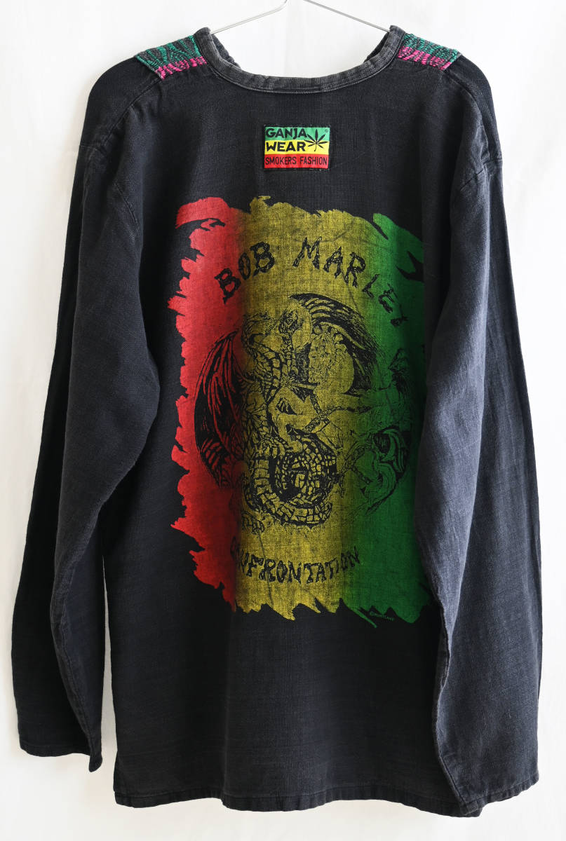  即決【80'sヴィンテージ/GANJA WEAR】BOB MARLEY/CONFRONTATION プルオーバーシャツ/L/ブラック/グアテマラ刺繍/マリファナ(om-237-10b)_バック