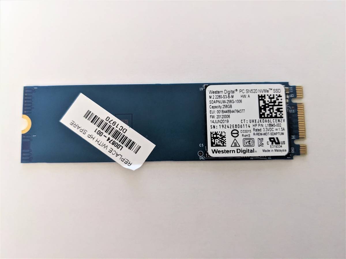 使用時間：1452時間☆Western Digital 中古M.2 SSD NVMe HFM256GDTNG