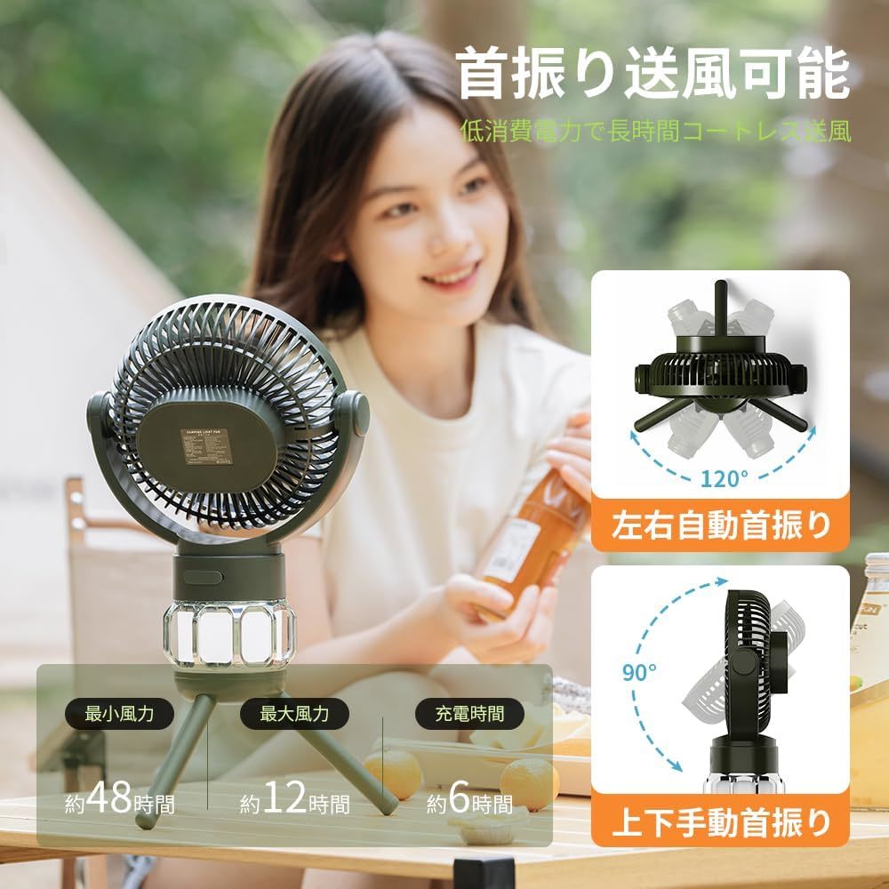  camp electric fan USB charge electric fan 10000mAh automatic yawing lantern LED lighting function remote control quiet sound Type-C charge desk electric fan hanging lowering living electric fan 
