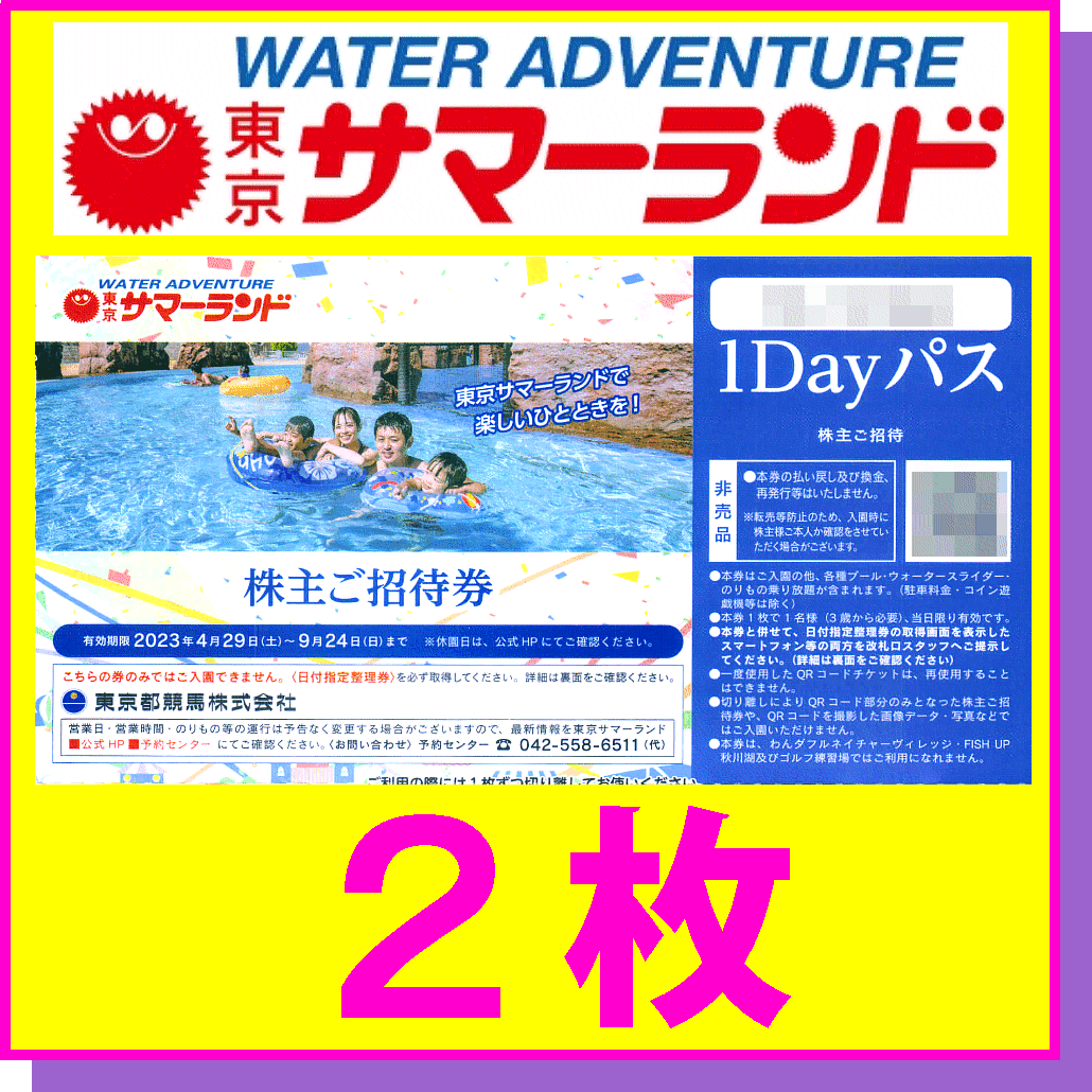 数量は多】 東京サマーランド 株主優待券 2枚 夏休み利用可能 1dayパス