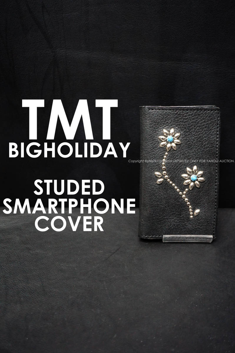 未使用 TMT BIG HOLIDAY フラワースタッズ レザースマートフォンケース 粘着式 フリップ型 手帳型 スライド式 スマホ カバー ターコイズ_画像1