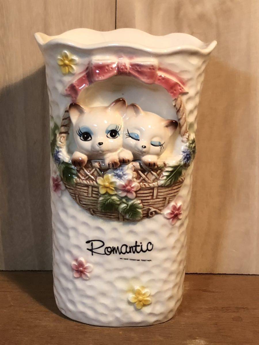 新品　未使用　当時物　花瓶　ネコ　ファンシー　雑貨　vintage retoro ROMANTIC_画像1