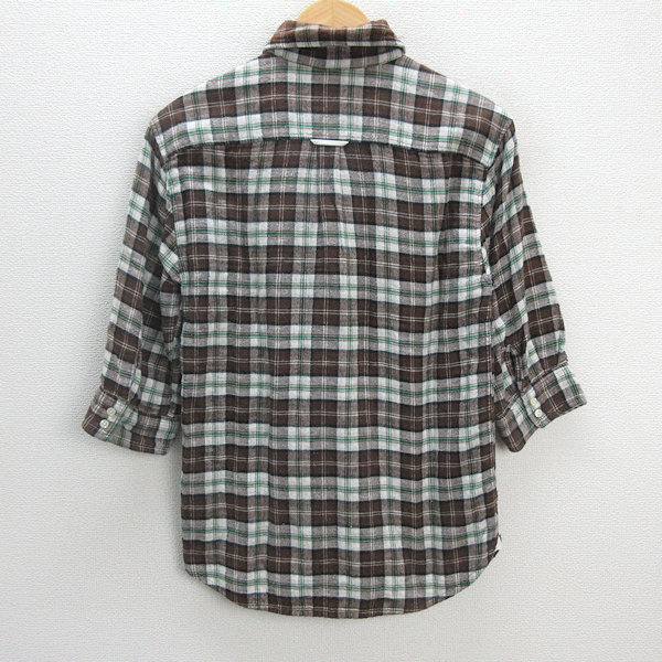 z# Silas /SIRAS check pattern 7 minute sleeve shirt [S] tea /MENS#197[ used ]