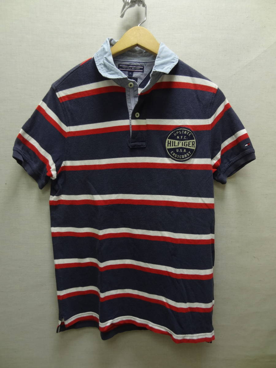 全国送料無料 正規品 トミーヒルフィガー TOMMY HILFIGER メンズ 襟布帛素材 半袖 鹿の子素材 ボーダーポロシャツ M_画像1