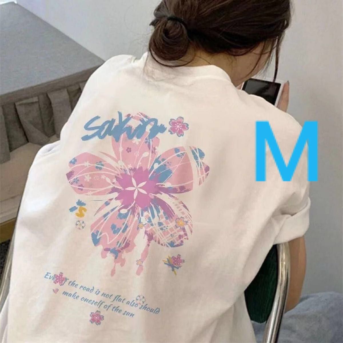 桜プリントがかわいい英字カッコイイ春夏ロゴ入りTシャツ韓国ファッションレディースTシャツキッズ☆