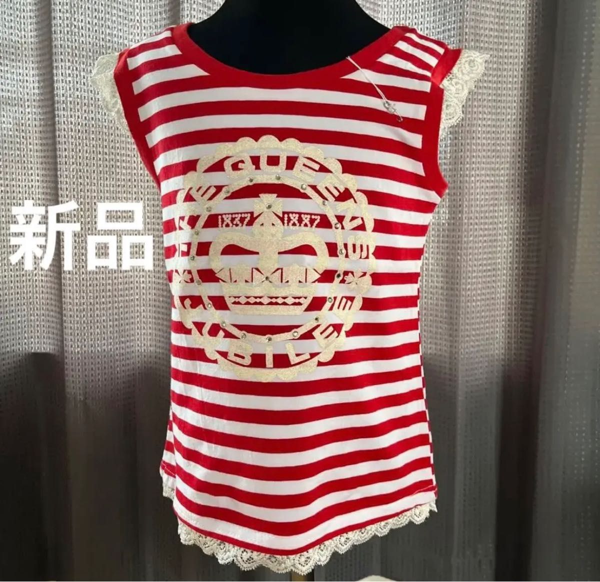 韓国子供服 キッズ服 赤白レースボーダータンクトップ Tシャツ 新品