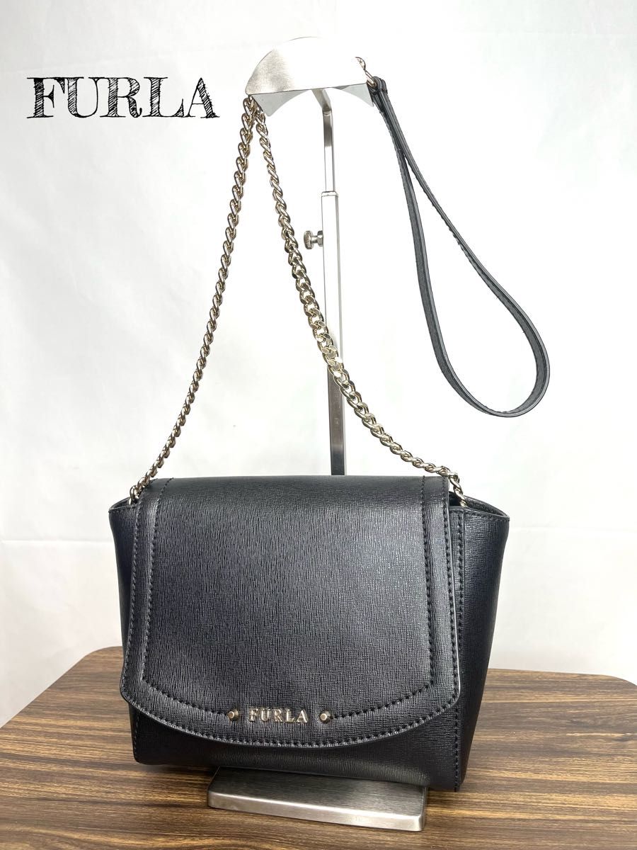 美品★ FURLA  フルラ　チェーン ショルダーバッグ   黒  ゴールド　サフィアーノレザー 斜めがけバッグ 保存袋付き