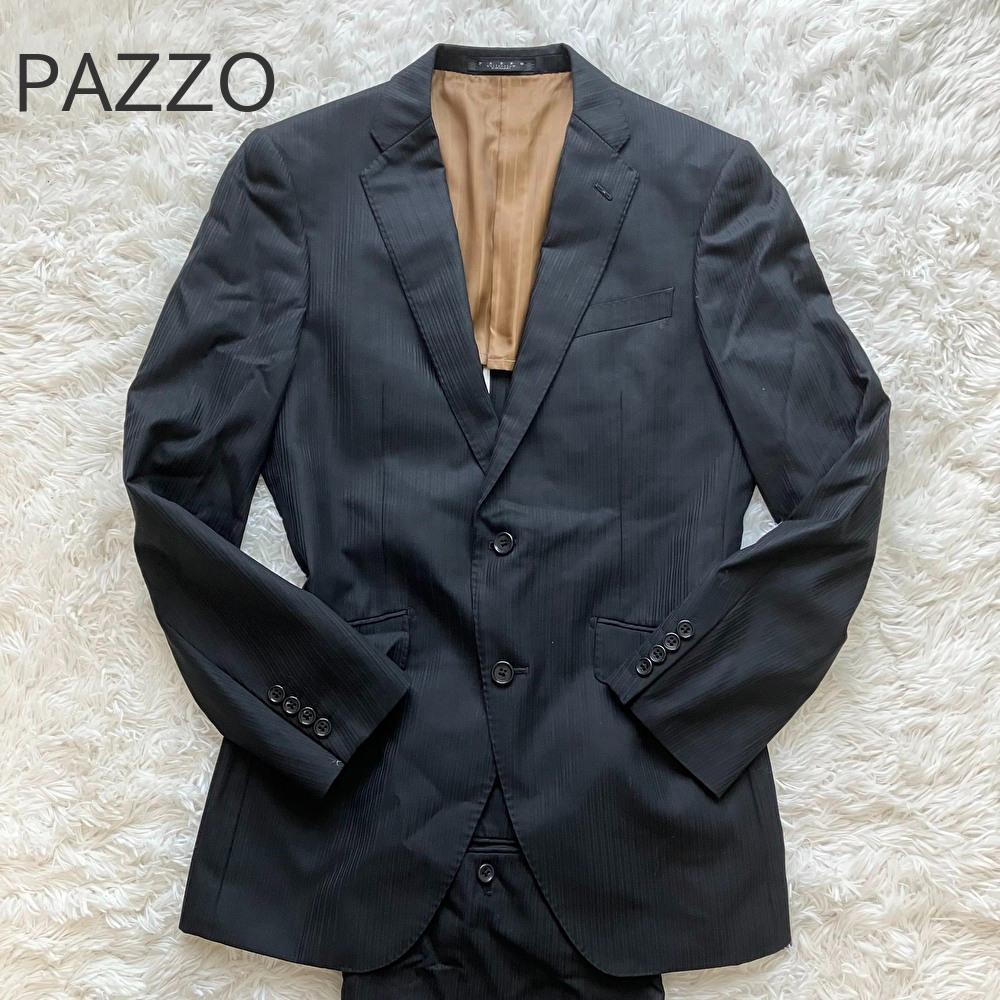 XLサイズ 美品 PAZZO パッゾ シルク混 ビジネス 冠婚葬祭 スーツセットアップ 2B 背抜き ストライプ ブラック 黒_画像1