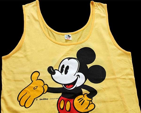 ★80s イタリア製 Disneyディズニー ミッキー マウス 両面 染み込みプリント コットン タンクトップ 黄★ビンテージ キャラ ユーロ
