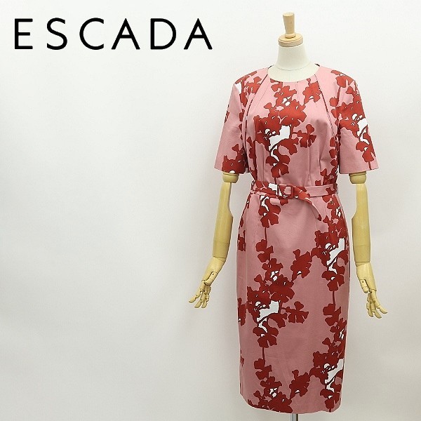 ◆ESCADA SPORT エスカーダスポーツ ストレッチ 総柄 タック ベルテッド コクーン ワンピース 38_画像1