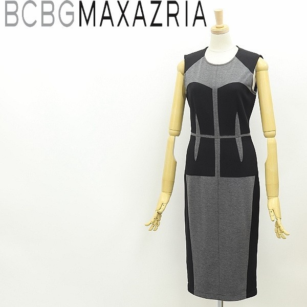 ◆BCBG MAXAZRIA マックスアズリア KARLIE ストレッチ 切替 バックジップ ノースリーブ ワンピース グレー×ブラック XXS_画像1