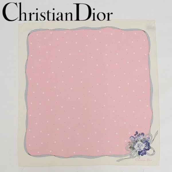 ヴィンテージ◆Christian Dior クリスチャンディオール シルク100％ フラワー×リボン ドット柄 スカーフ