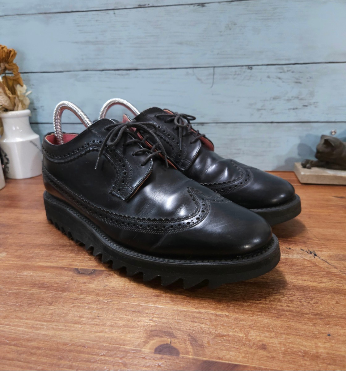 英国製 GEORGECOX ジョージコックス シャークソール ウイングチップ シューズ 革靴 8 約26.5cm ブーツ ブラック 黒 希少