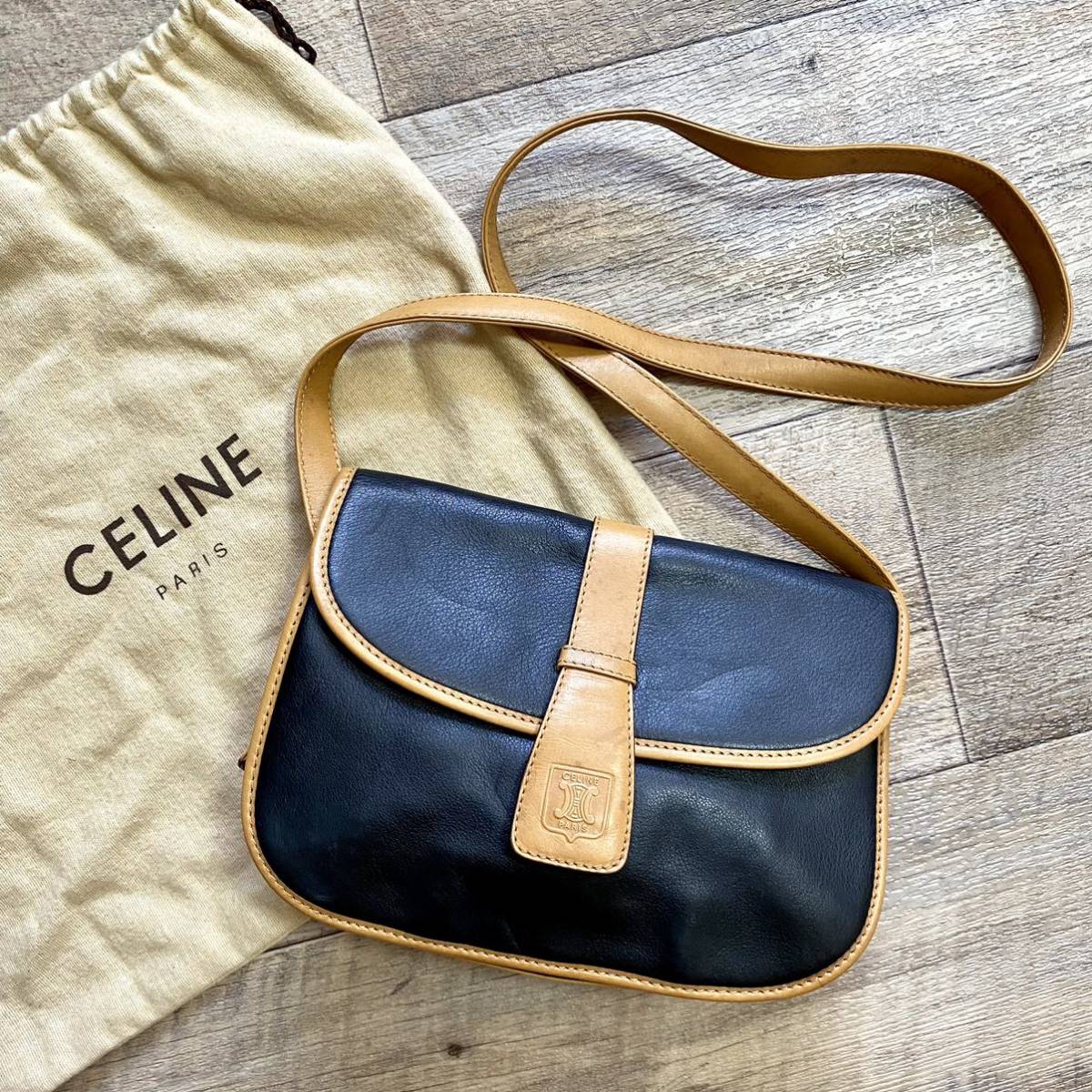 本物 CELINE セリーヌ マカダム柄 レザー ミニ ショルダーバッグ 黒