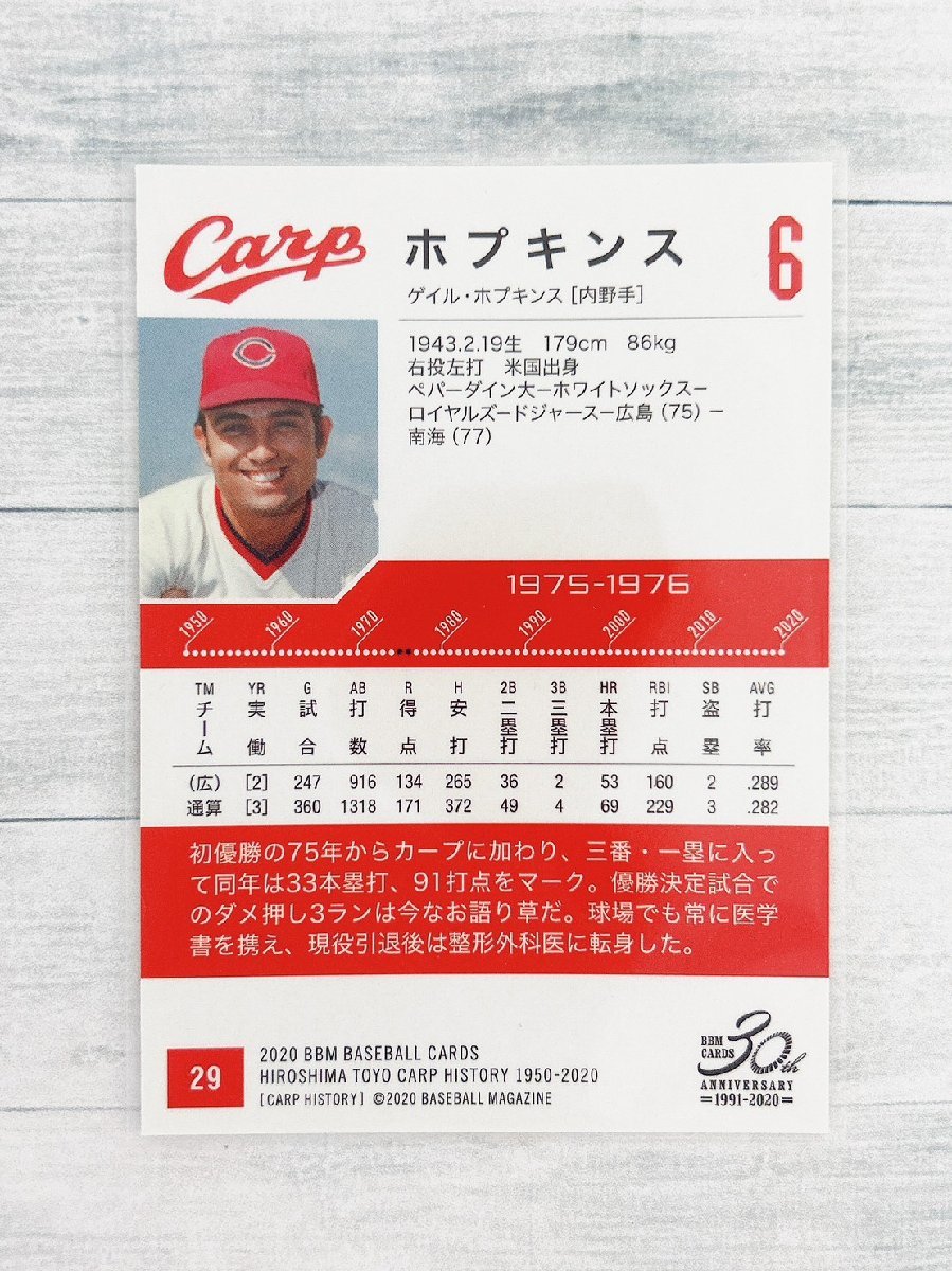 ☆ BBM2020 ベースボールカード 広島東洋カープヒストリー 1950-2020 レギュラーカード 29 ホプキンス ☆_画像2