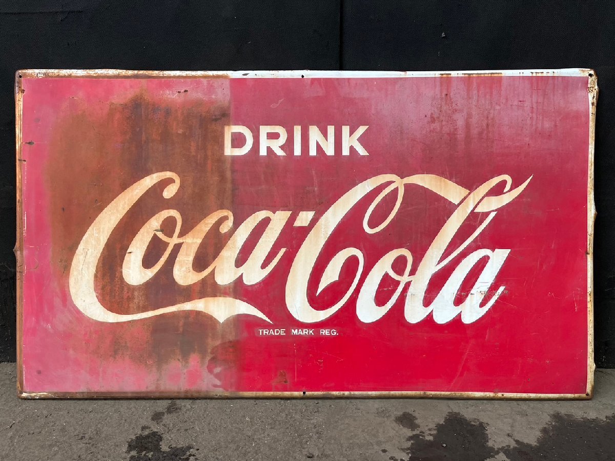 DRINK Coca Cola TRADE MARK REG. 看板 142cm×81cm 大型 レトロ ブリキ 鉄 コカコーラ 【ジャンク品】