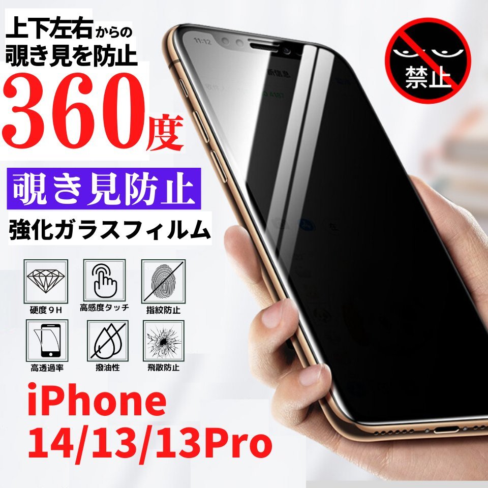 iPhone14 13 13Pro 360度 覗き見防止 フィルム 強化ガラス ガラス 保護フィルム アイフォンの画像1