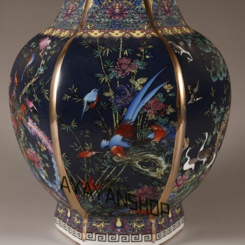 高品質景徳鎮清時代乾隆六方花瓶花鳥花瓶琺瑯彩粉彩磁器置物装飾収蔵
