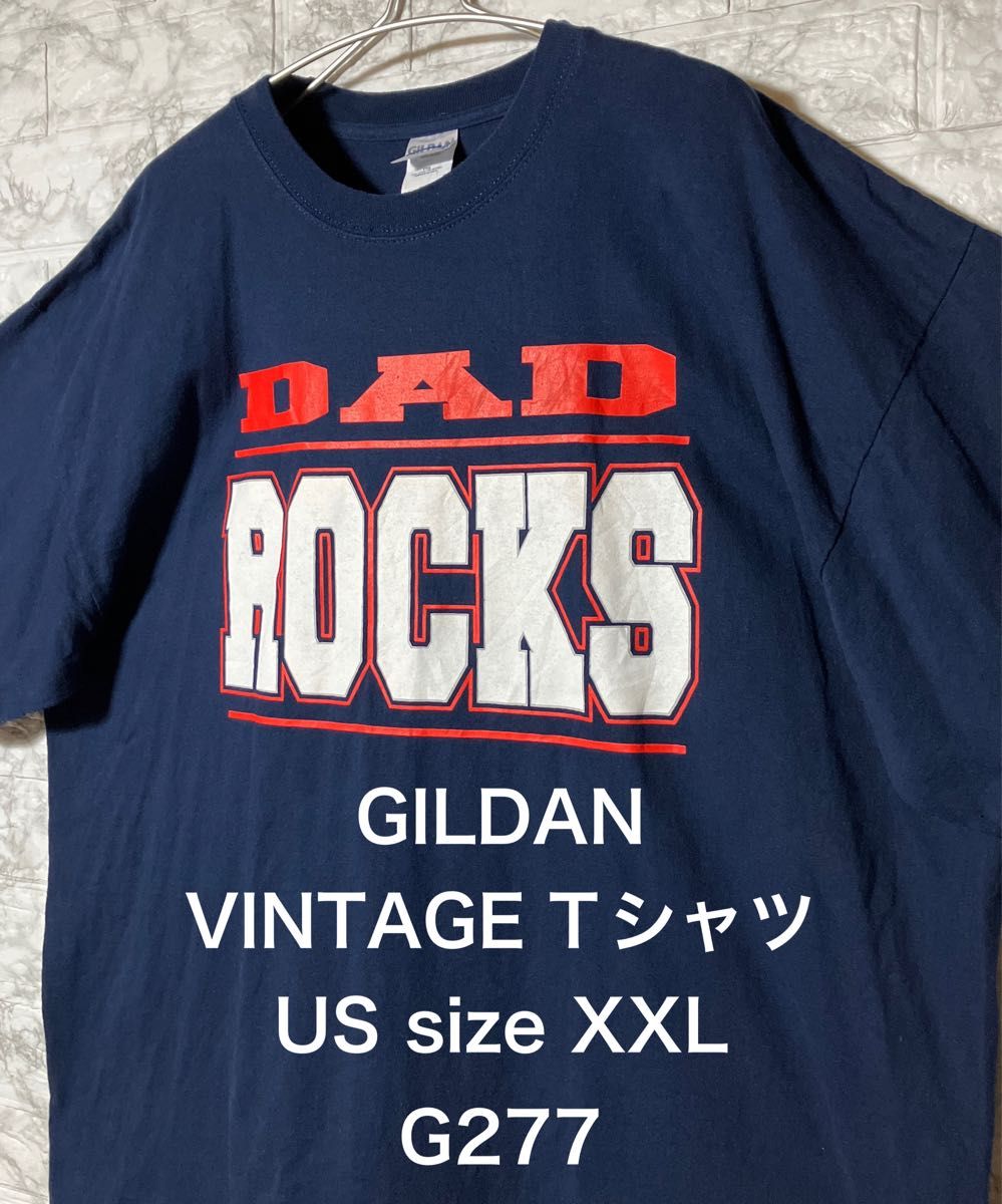 【レア】US古着 ビッグサイズ 2XLsize GILDAN Tシャツ ネイビー デカロゴ 文字プリント DAD ROCKS