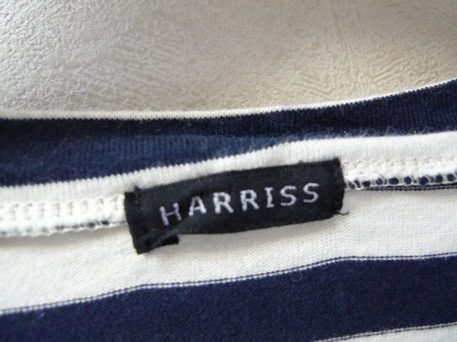 ◆HARRISS ハリス Vネック ボーダー フレンチスリーブ オーバーサイズ Tシャツ ネイビー　サイズ36_画像2