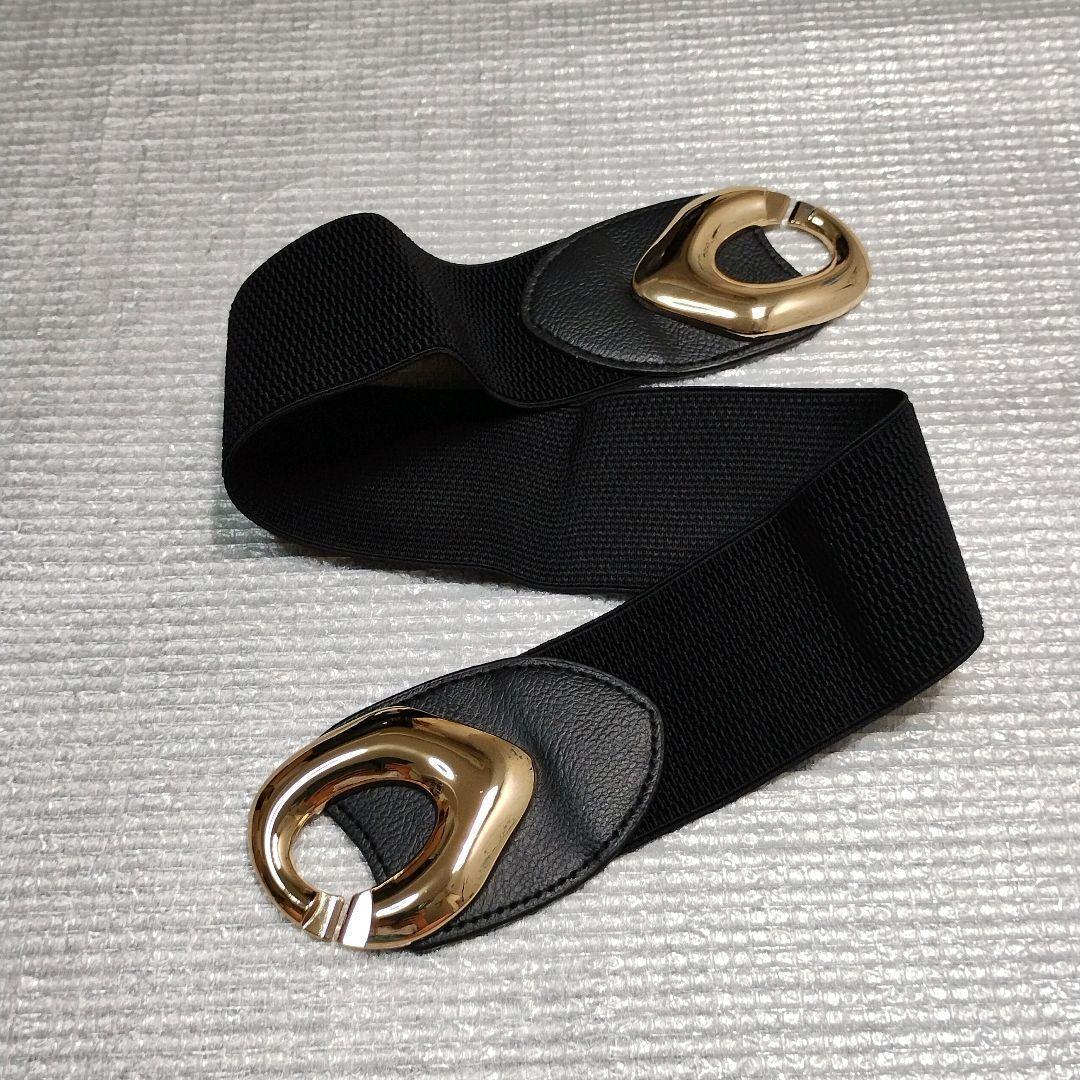 [ black color ] fat belt wide width rubber belt Gold lady's 