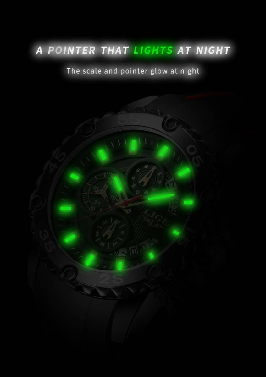 LIGE メンズ 腕時計 高品質 クオーツ カジュアル スポーツ ステンレス バンド ウォッチ 10027 クロノグラフ 防水 時計 シルバー× ブラック_画像7