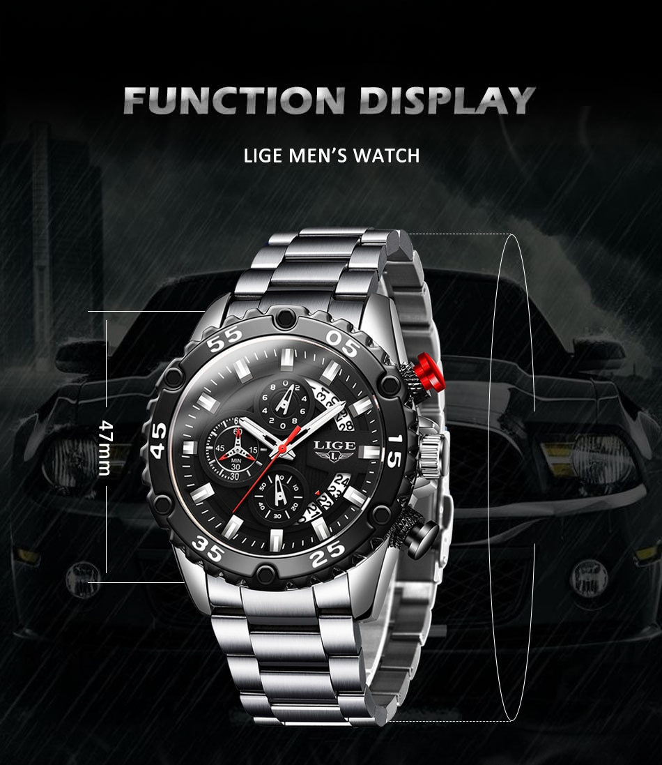 LIGE メンズ 腕時計 高品質 クオーツ カジュアル スポーツ ステンレス バンド ウォッチ 10027 クロノグラフ 防水 時計 シルバー× ブラック_画像3