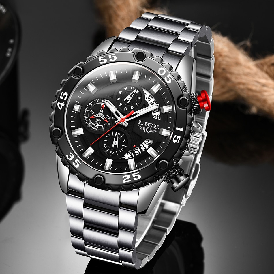 LIGE メンズ 腕時計 高品質 クオーツ カジュアル スポーツ ステンレス バンド ウォッチ 10027 クロノグラフ 防水 時計 シルバー× ブラック_画像6