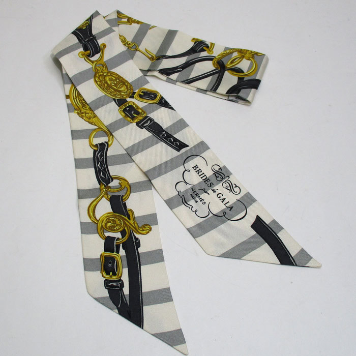 【中古】HERMES ツイリー リボンスカーフ シルク BRIDES de GALA 式典用馬勒 ホワイト ブラック グレー