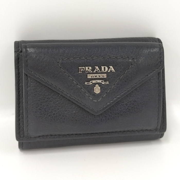【中古】PRADA 三つ折り財布 ヴィッテロダイノ レザー ブラック