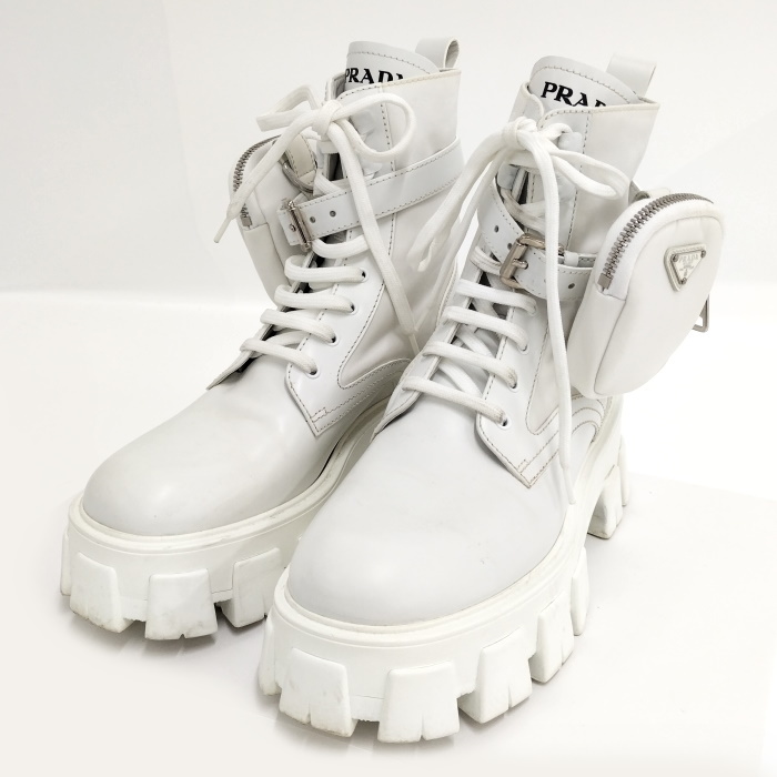 【中古】PRADA モノリス ファブリック ブーツ レザー ナイロン ホワイト 1T255_画像1