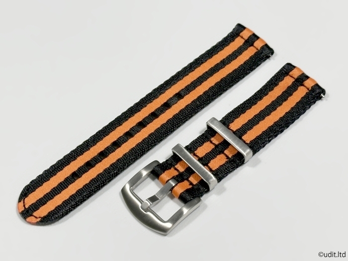 ラグ幅:20mm ハイクオリティ ファブリック ストラップ 腕時計ベルト ブラック/オレンジ ダブルストライプ NATOベルト 分割タイプDBH_20mm カラー：ブラック・オレンジ