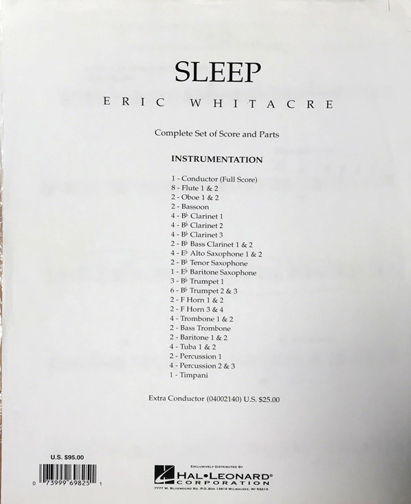 エリック・ウィテカー 眠り (パート譜) 輸入楽譜 Eric Whitacre Sleep 吹奏楽 洋書