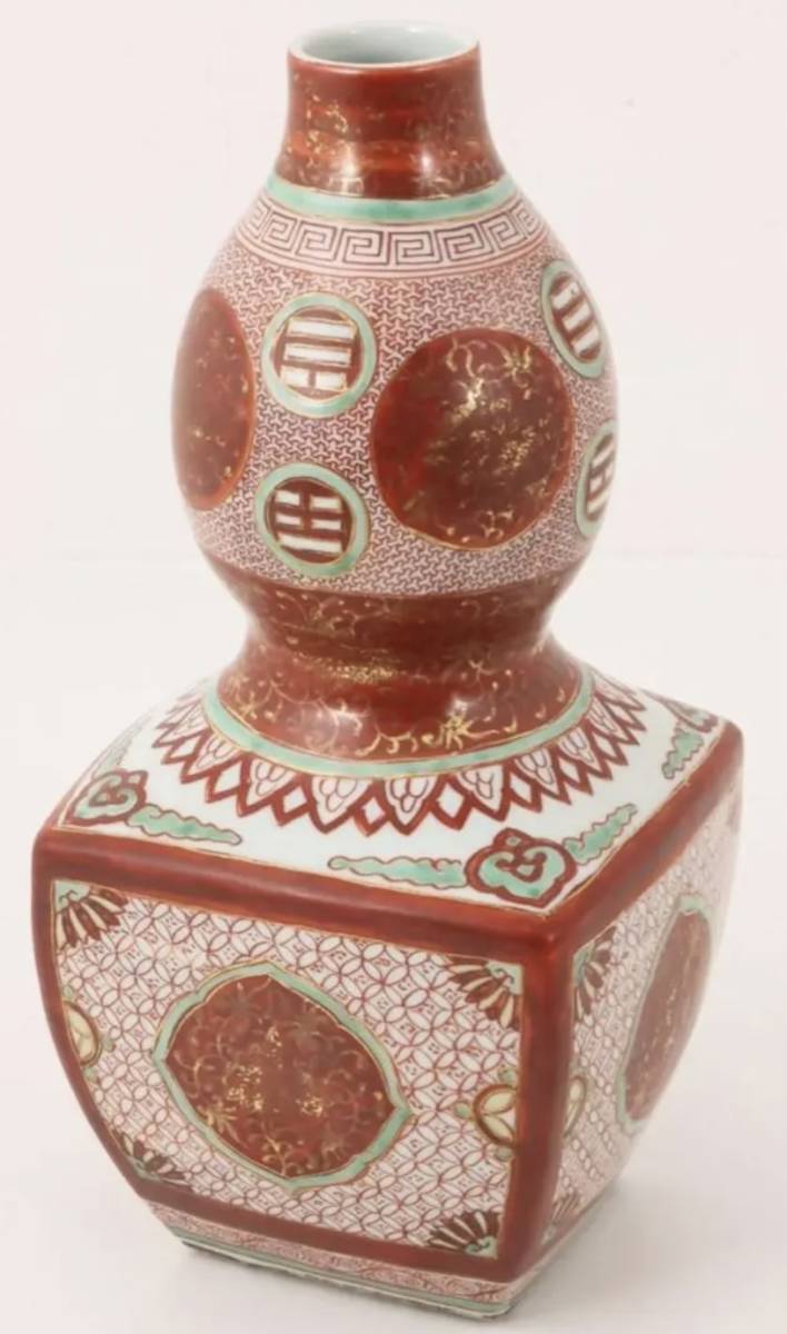 中国古美術品　博物館級　明代　赤絵金襴手角瓢花瓶 合箱