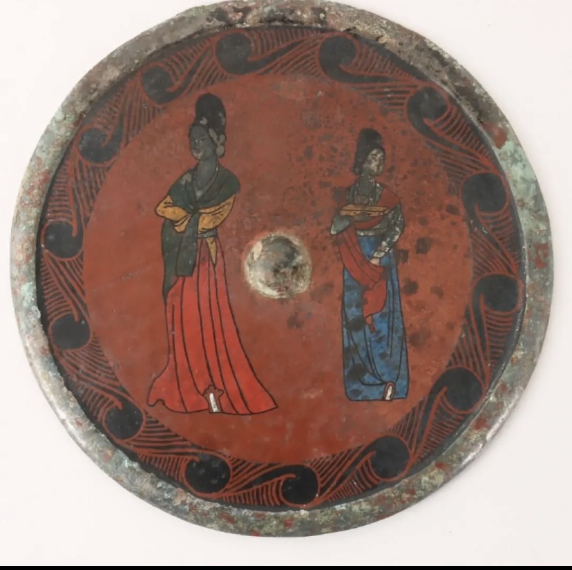 中国古美術　古銅鏡　明の時代　仕女図　幅23.8cm